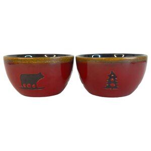 2 Home Studio Woodland‎ Rustic Red Bowl Berry Set Bear Pine Tree 4.5 IN Ceramic